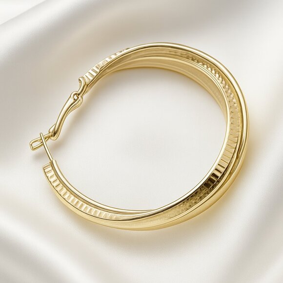Polished Gold Ribbed Twist Hoop Earrings – Classic Textured Statement Jewelry - Picture 1 of 10